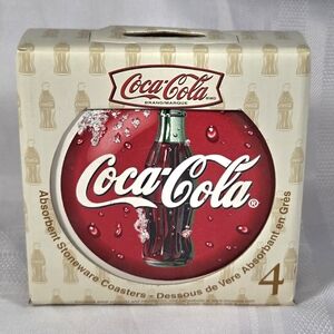 Coca Cola Stoneware Coaster Set of 4 Absorbent Cork Back Coke Bottle Red Disk 4"